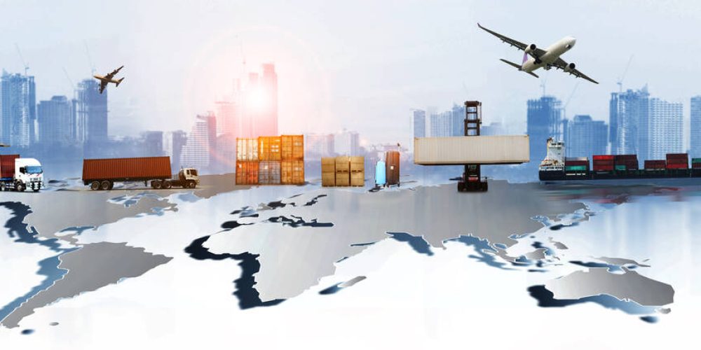 The world logistics , there are world map with logistic network distribution on background and Logistics Industrial Container Cargo freight ship for Concept of fast or instant shipping
